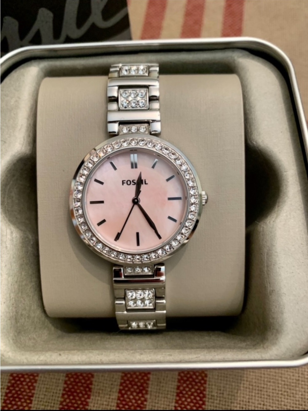 Fossil Silver Watch with Pink Mother-of-Pearl Dial and Crystal Accents